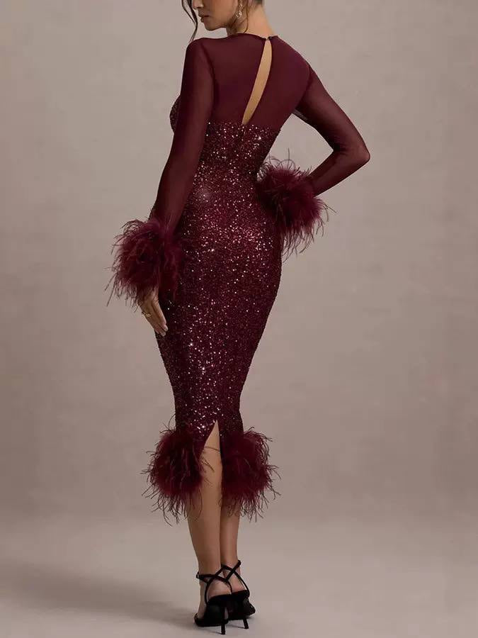 Sequin Midi Dress With Sheer Sleeves and Feather-Effect Trim – Burgundy