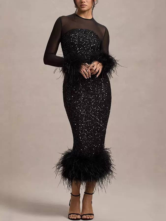Sequin Midi Dress With Sheer Sleeves and Feather-Effect Trim – Black