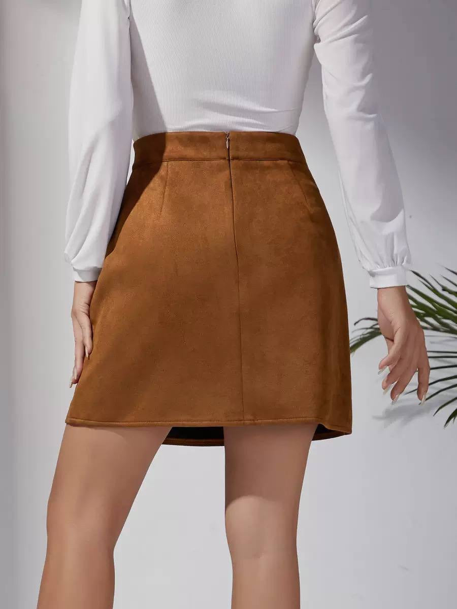 High-Waisted Button-Detail Mini Skirt With Front Slit – Tan