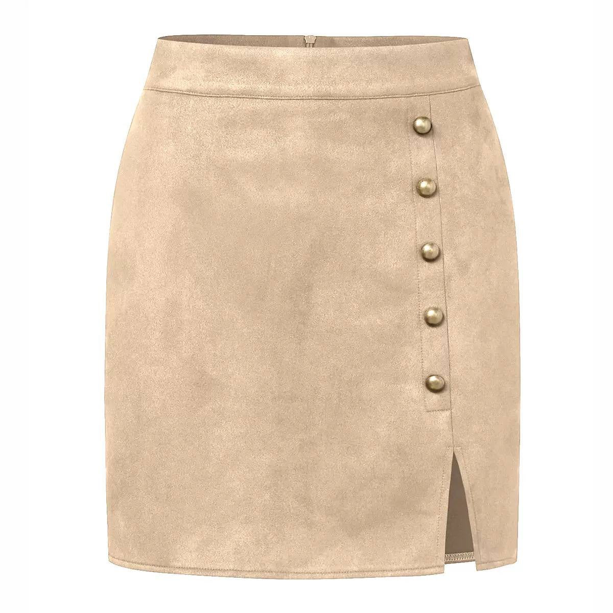 High-Waisted Button-Detail Mini Skirt With Front Slit – Beige