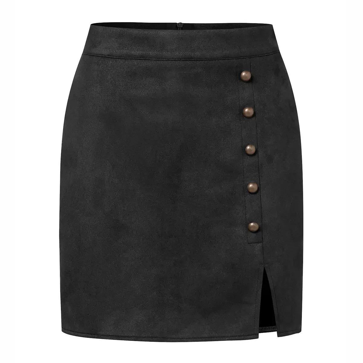 High-Waisted Button-Detail Mini Skirt With Front Slit – Black