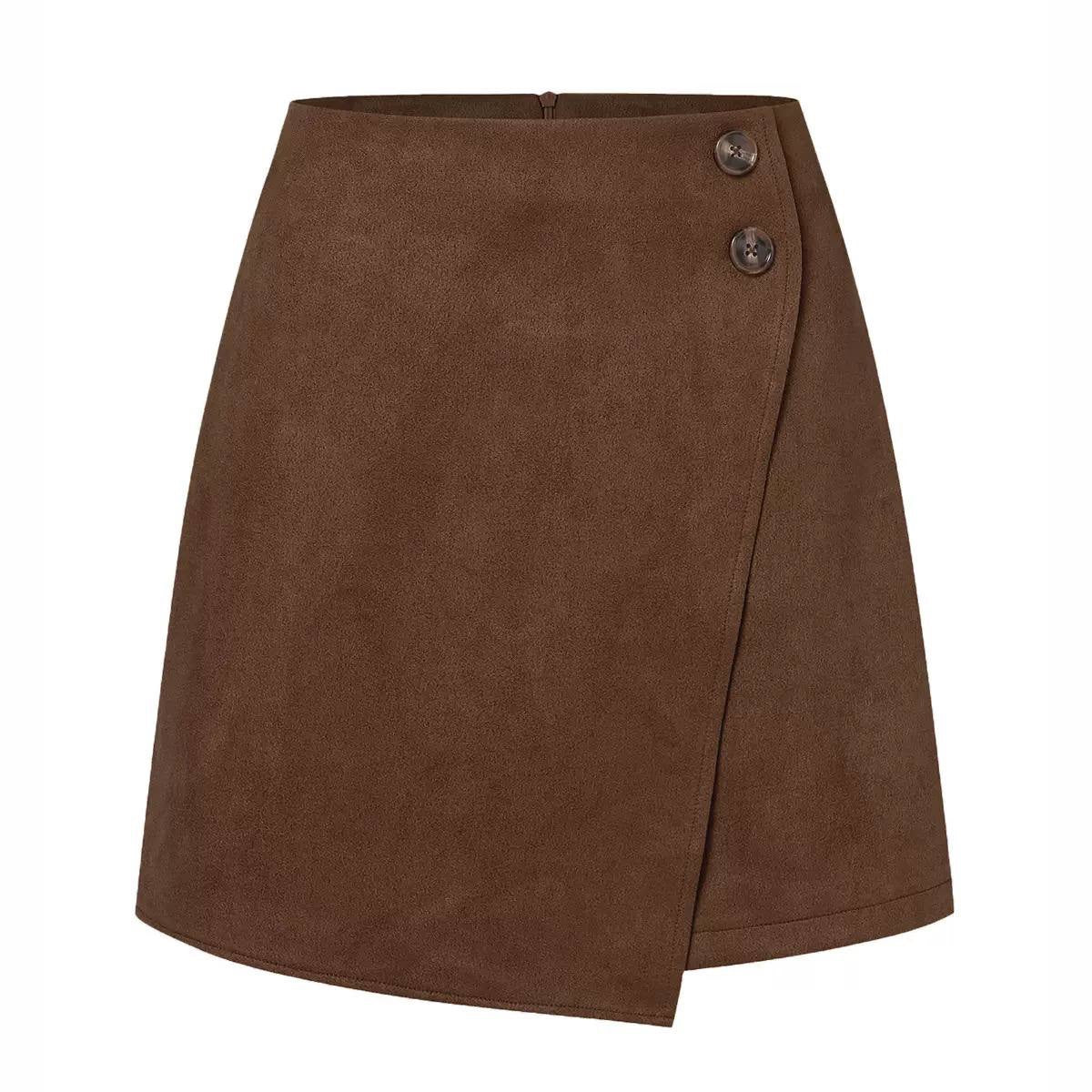High-Waisted Wrap-Effect Mini Skirt With Button Detail – Dark Brown