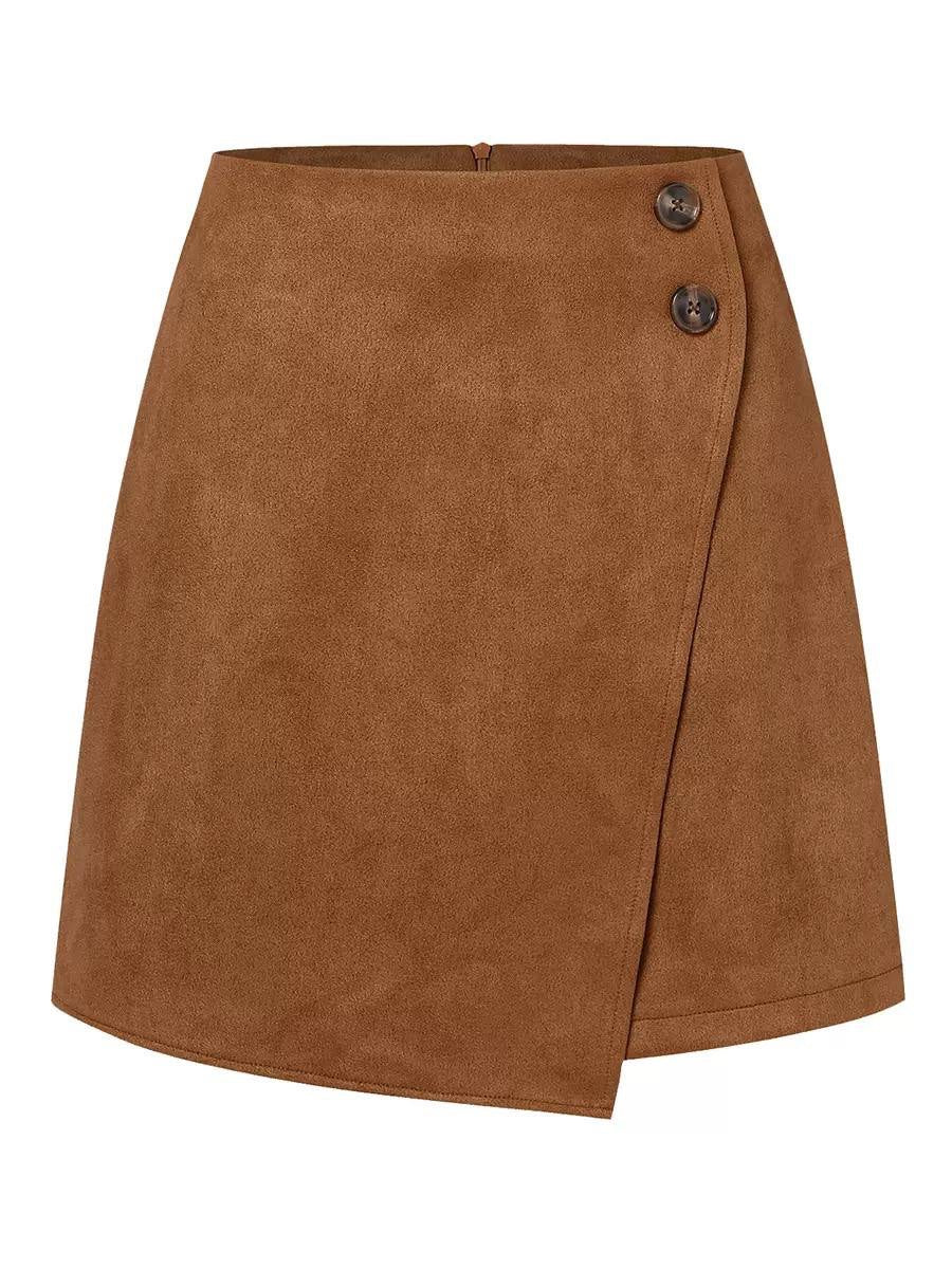 High-Waisted Wrap-Effect Mini Skirt With Button Detail – Brown