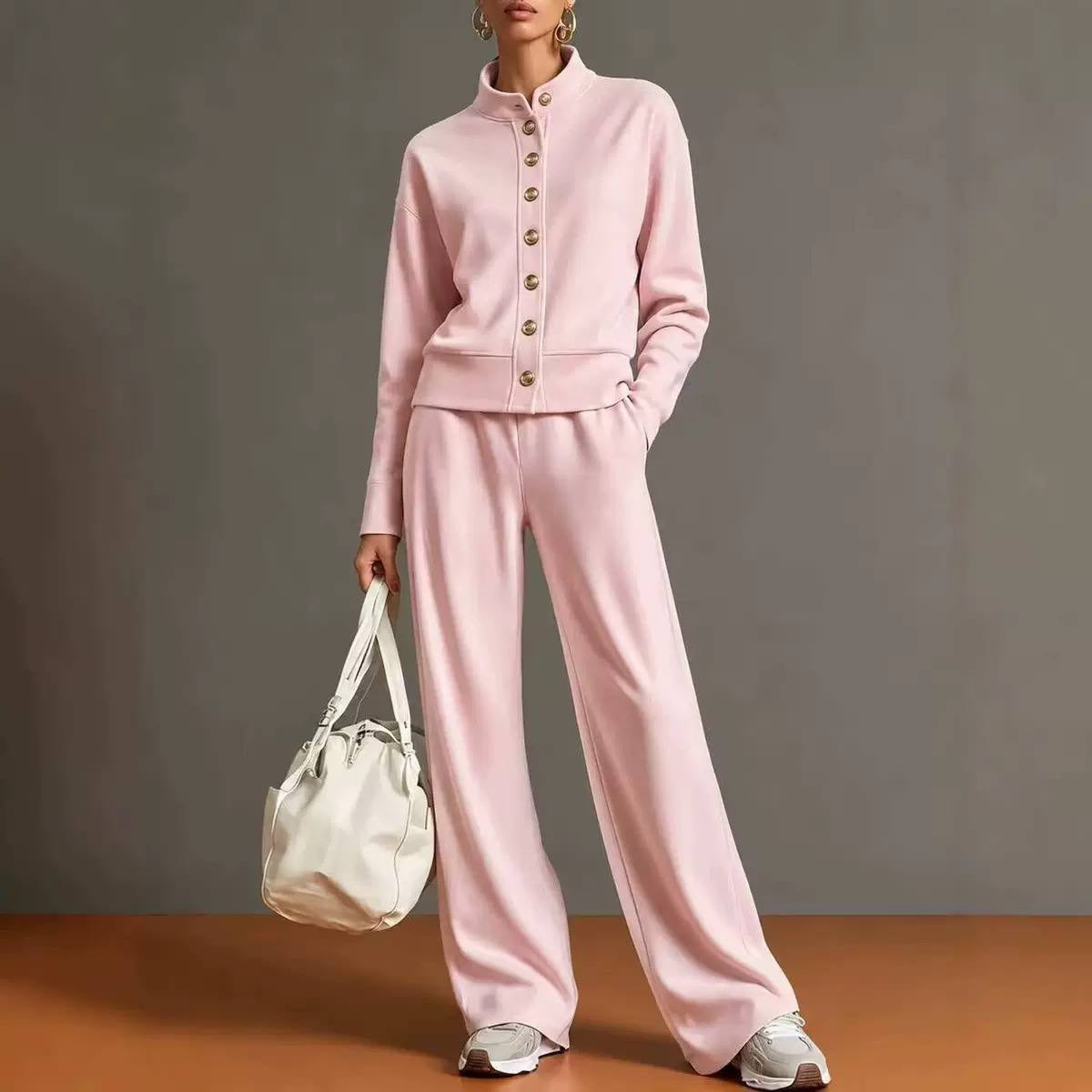 Stand Collar Button-Front Top And Wide-Leg Pants Set – Light Pink