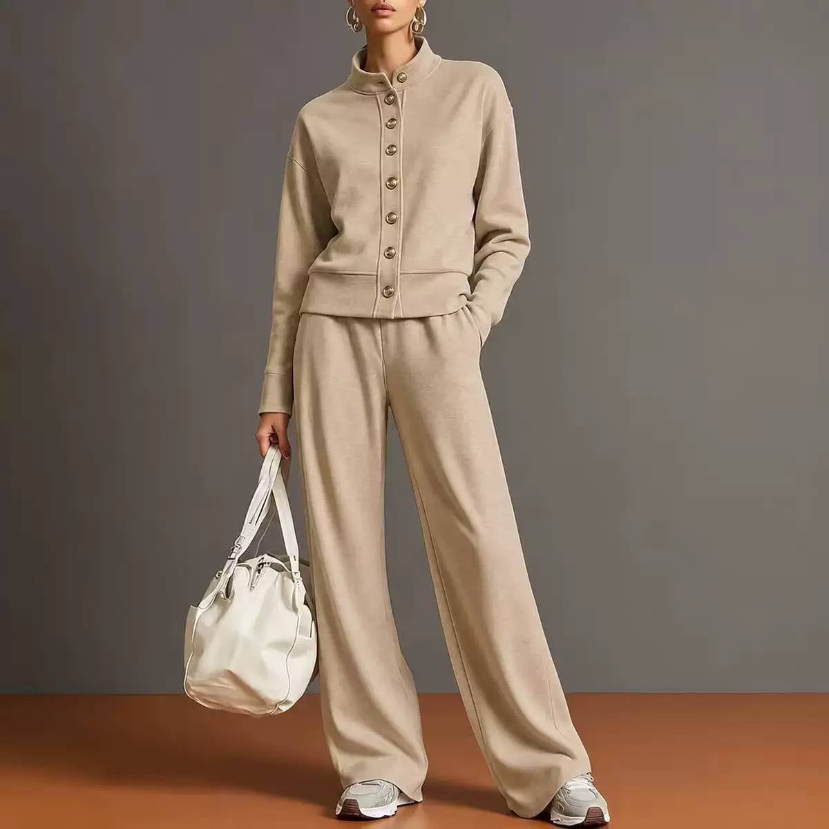 Stand Collar Button-Front Top And Wide-Leg Pants Set – Beige