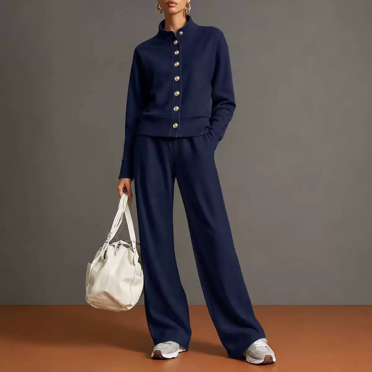 Stand Collar Button-Front Top And Wide-Leg Pants Set – Navy
