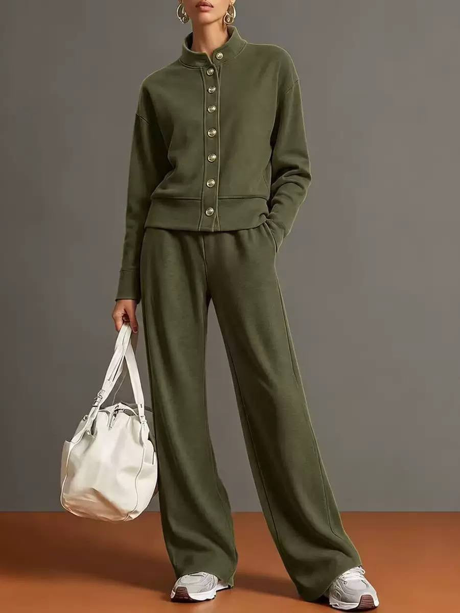 Stand Collar Button-Front Top And Wide-Leg Pants Set – Olive Green