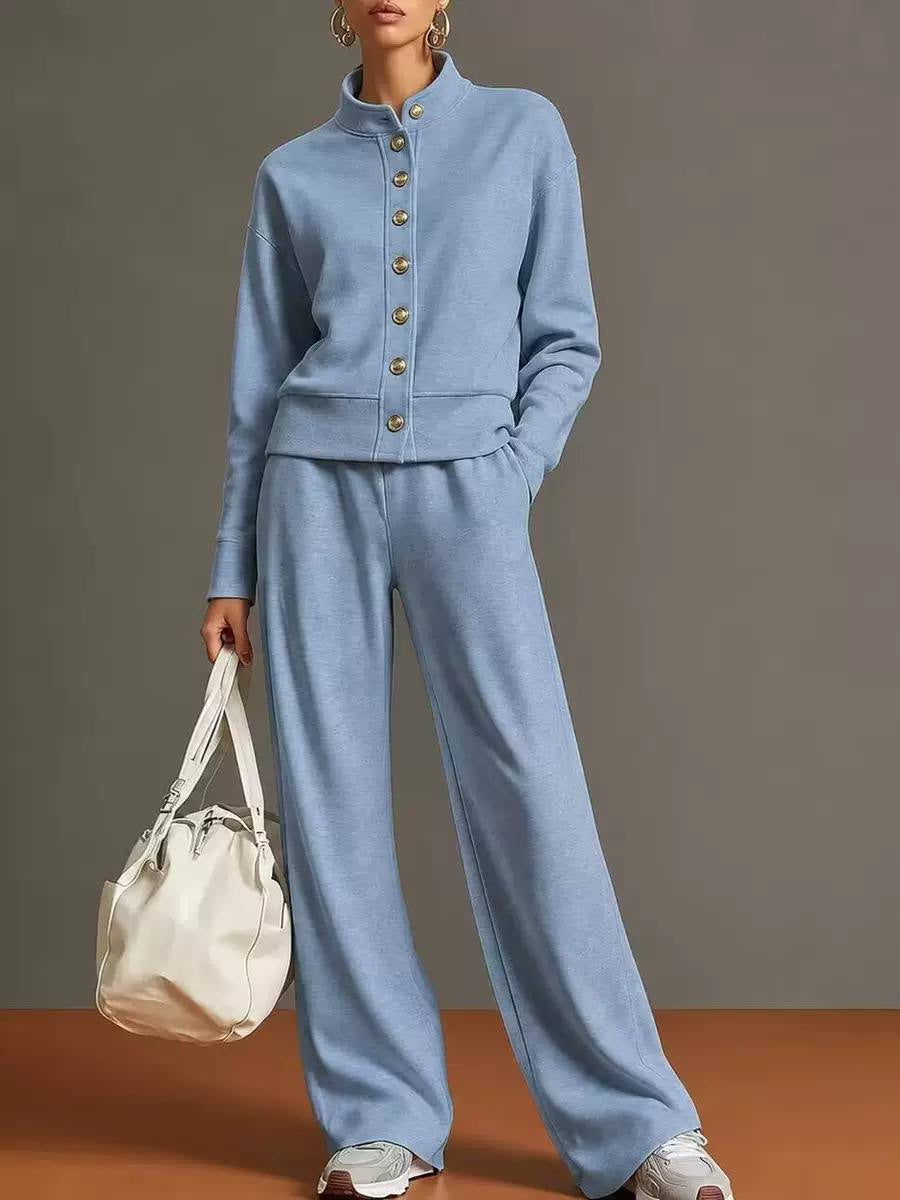 Stand Collar Button-Front Top And Wide-Leg Pants Set – Light Blue