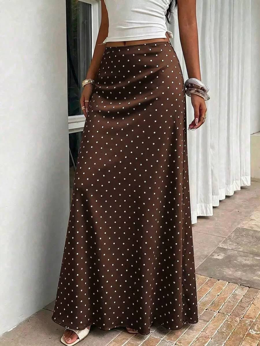 Polka Dot Maxi Skirt With a Flared Hem – Brown Polka Dot