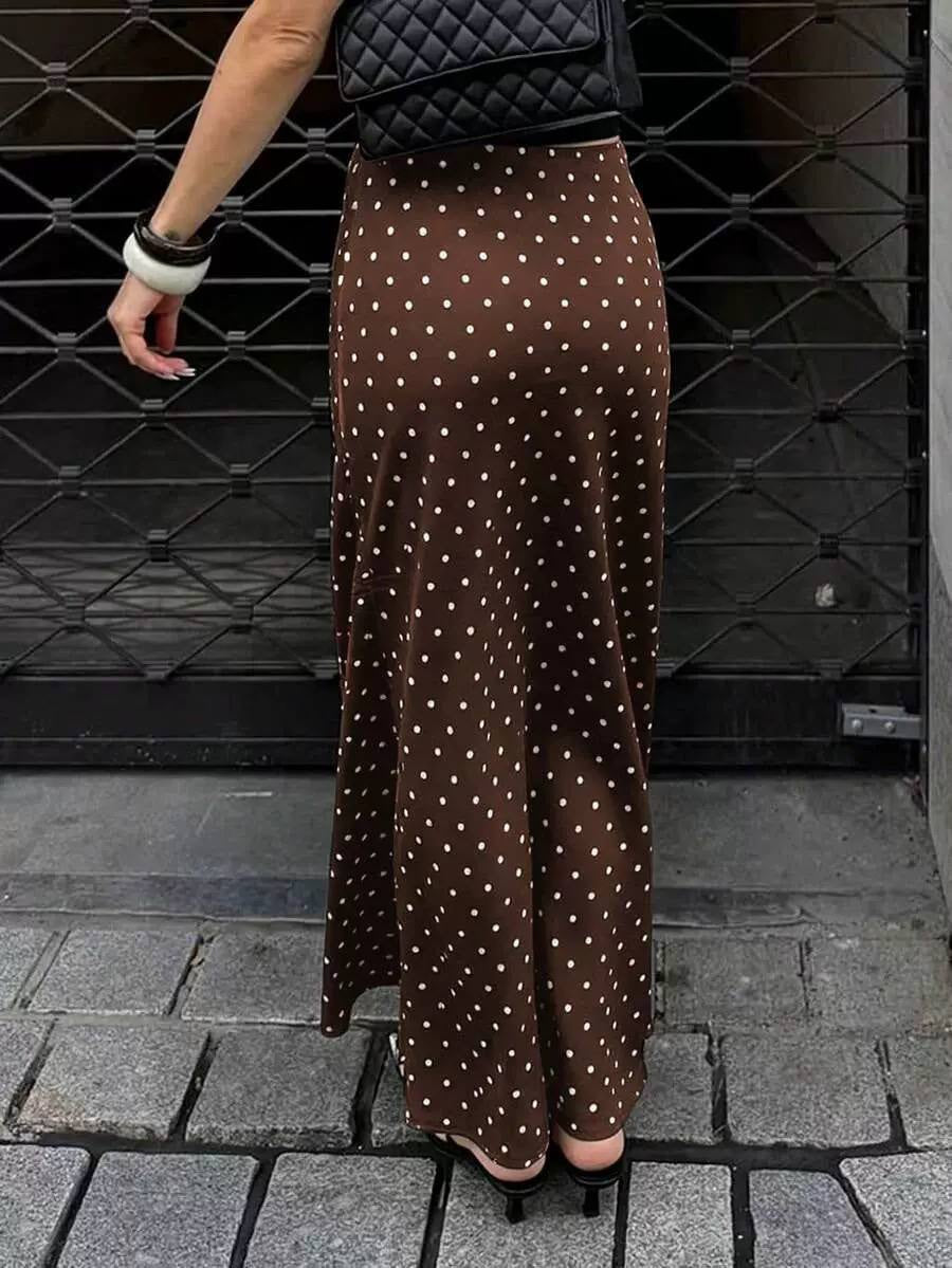 Polka Dot Maxi Skirt With a Flared Hem – Brown Polka Dot