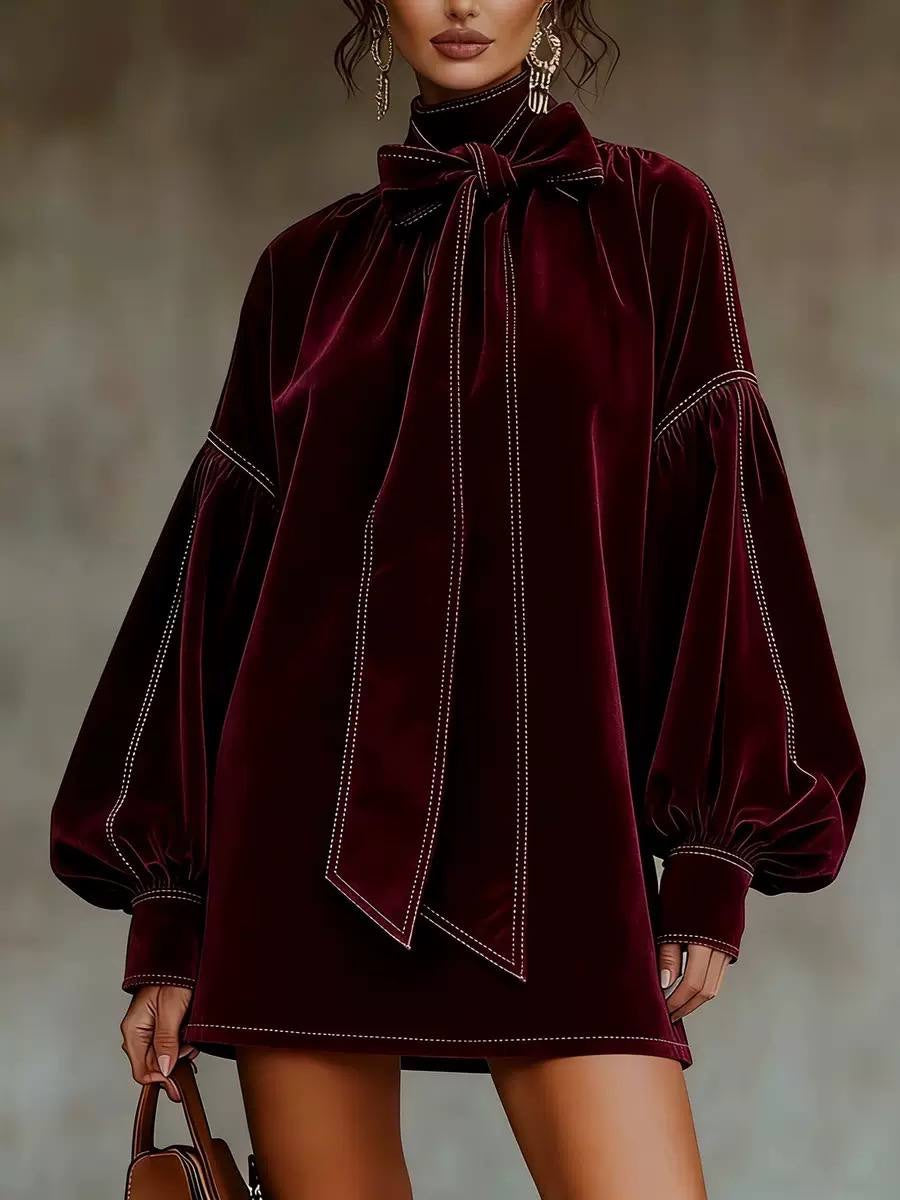 Bow Neck Mini Dress With Long Balloon Sleeves – Burgundy