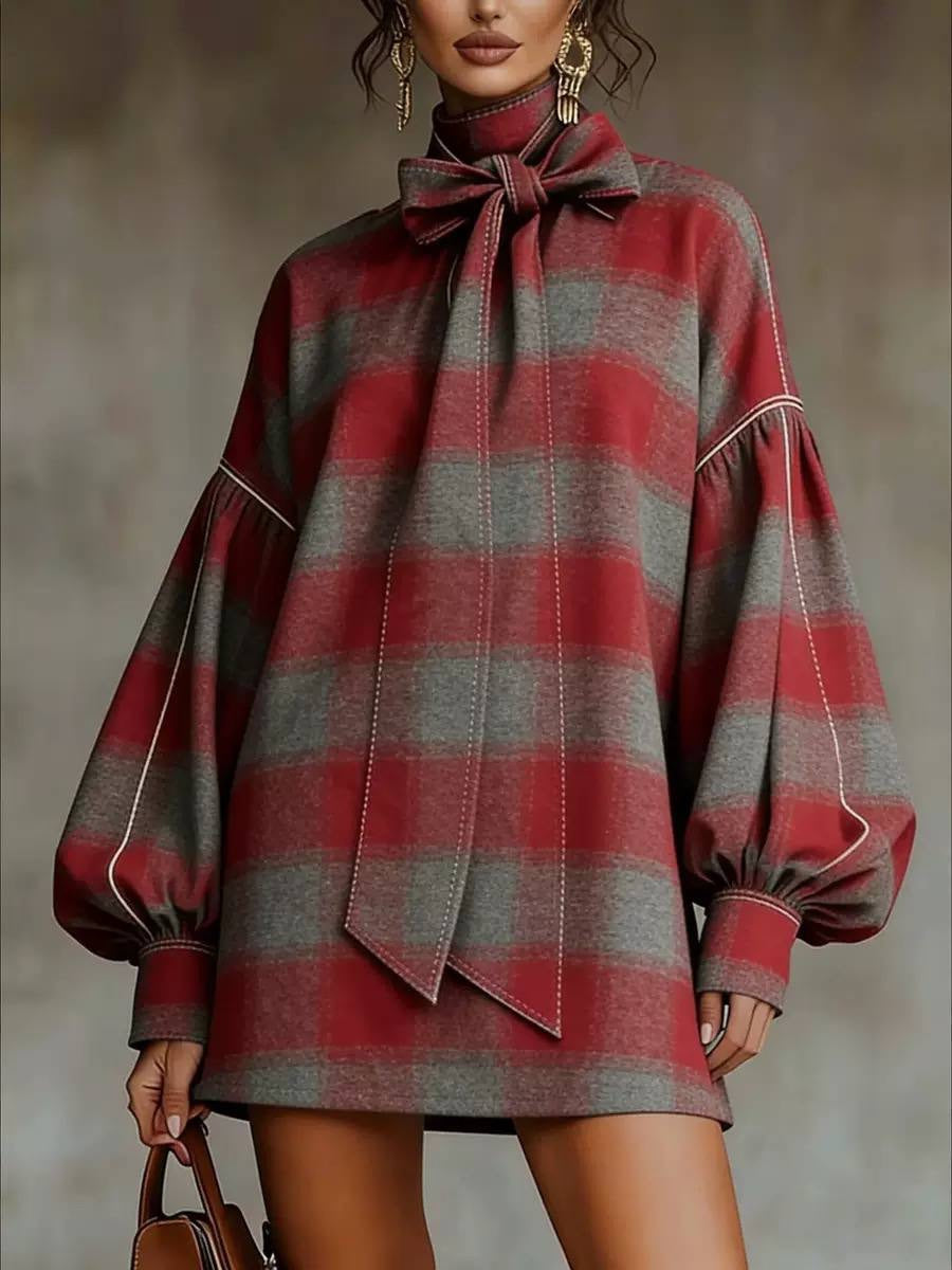 Bow Neck Mini Dress With Long Balloon Sleeves – Red And Grey Plaid