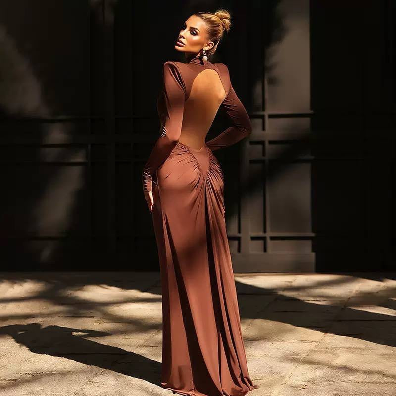 High Neck Long Sleeve Ruched Cutout Maxi Dress – Brown