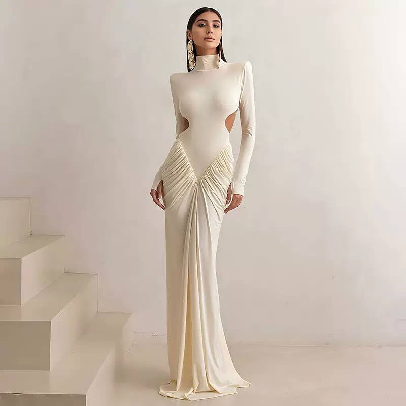 High Neck Long Sleeve Ruched Cutout Maxi Dress – Ivory