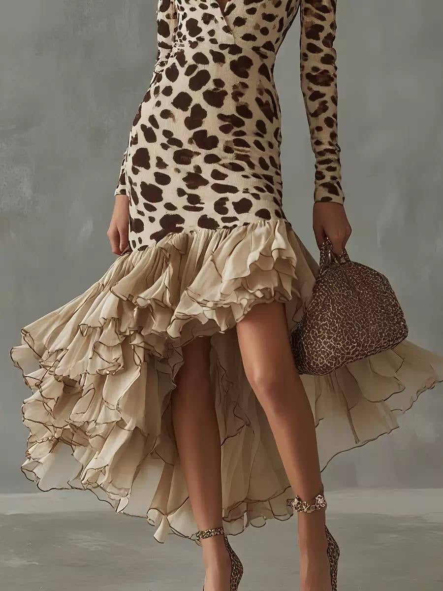 Leopard Print V-Neck Dress With High-Low Ruffle Hem – Beige Leopard