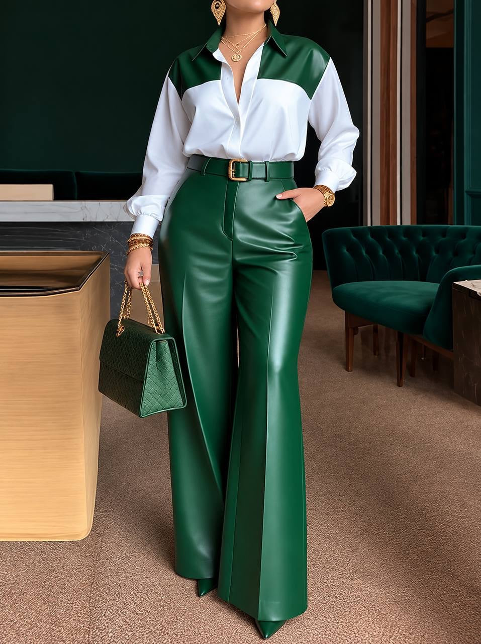 Colorblock Collared Blouse and Wide-Leg Pants Set – Green And White
