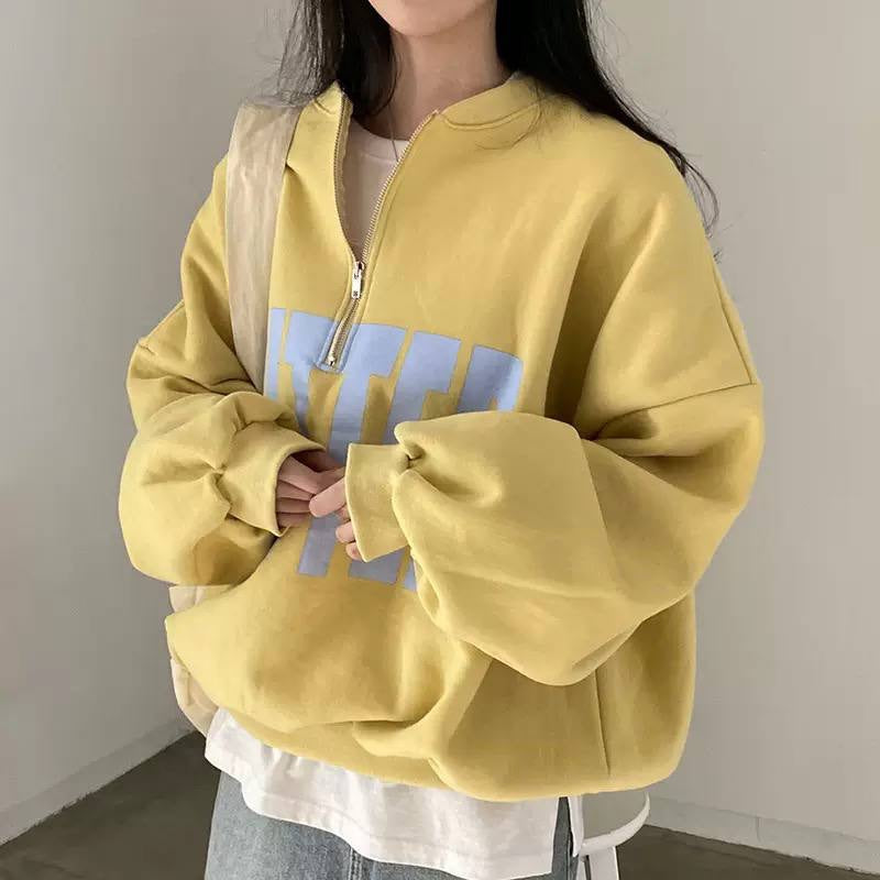 Oversized Half-Zip Sweatshirt With Drop Shoulders And Lettering – Yellow