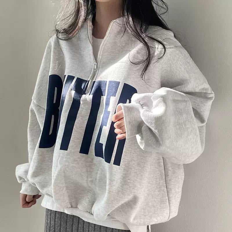 Oversized Half-Zip Sweatshirt With Drop Shoulders And Lettering – Light Grey