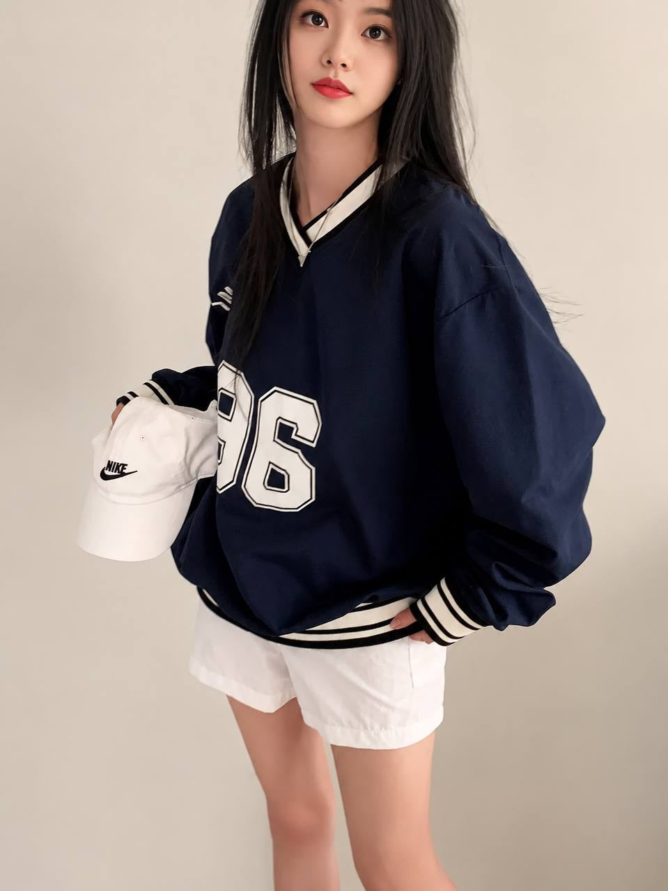Oversized V-Neck Varsity Top With Striped Trim – Navy