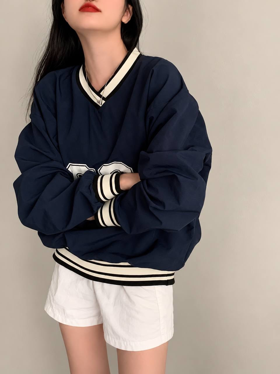 Oversized V-Neck Varsity Top With Striped Trim – Navy