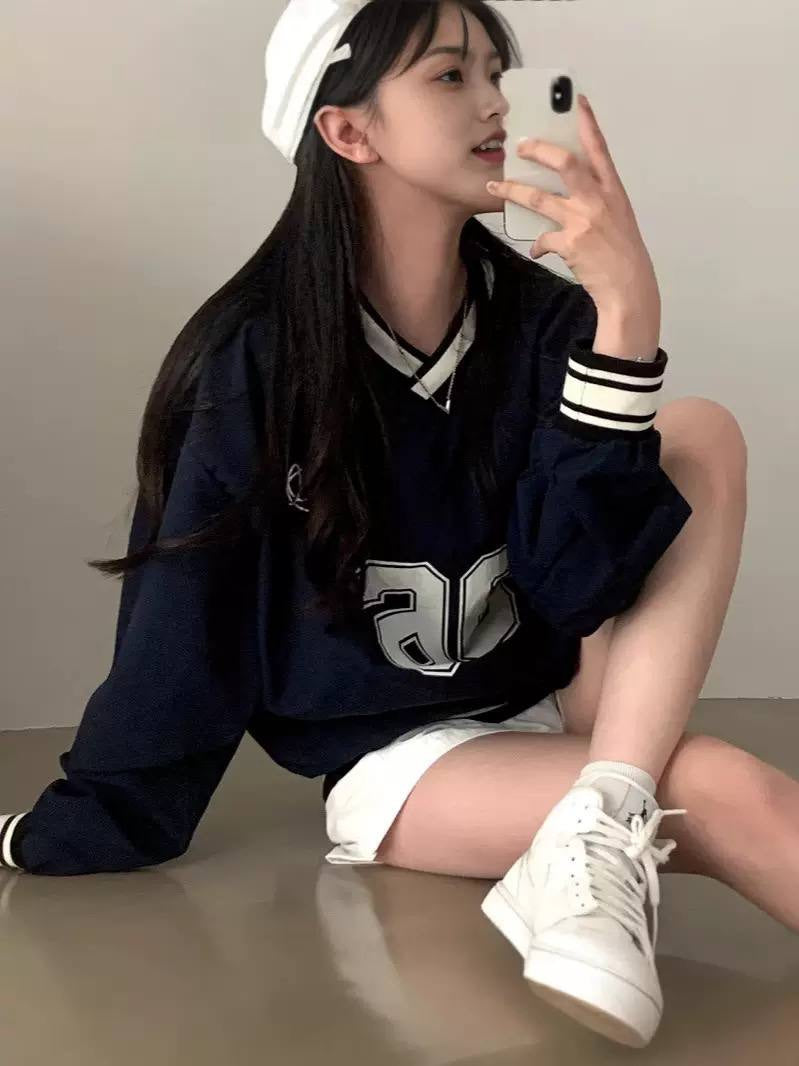 Oversized V-Neck Varsity Top With Striped Trim – Navy