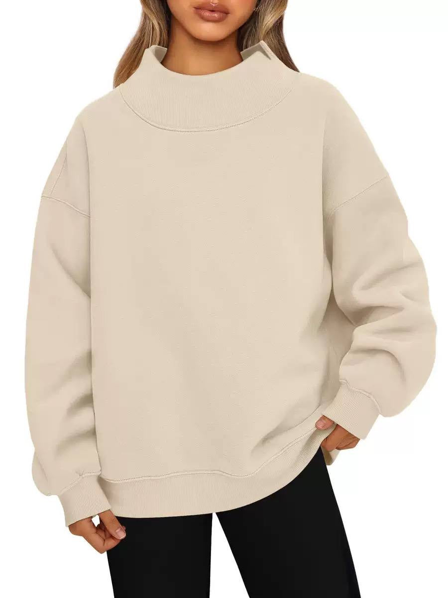 Relaxed High Neck Sweatshirt With Dropped Shoulders – Beige