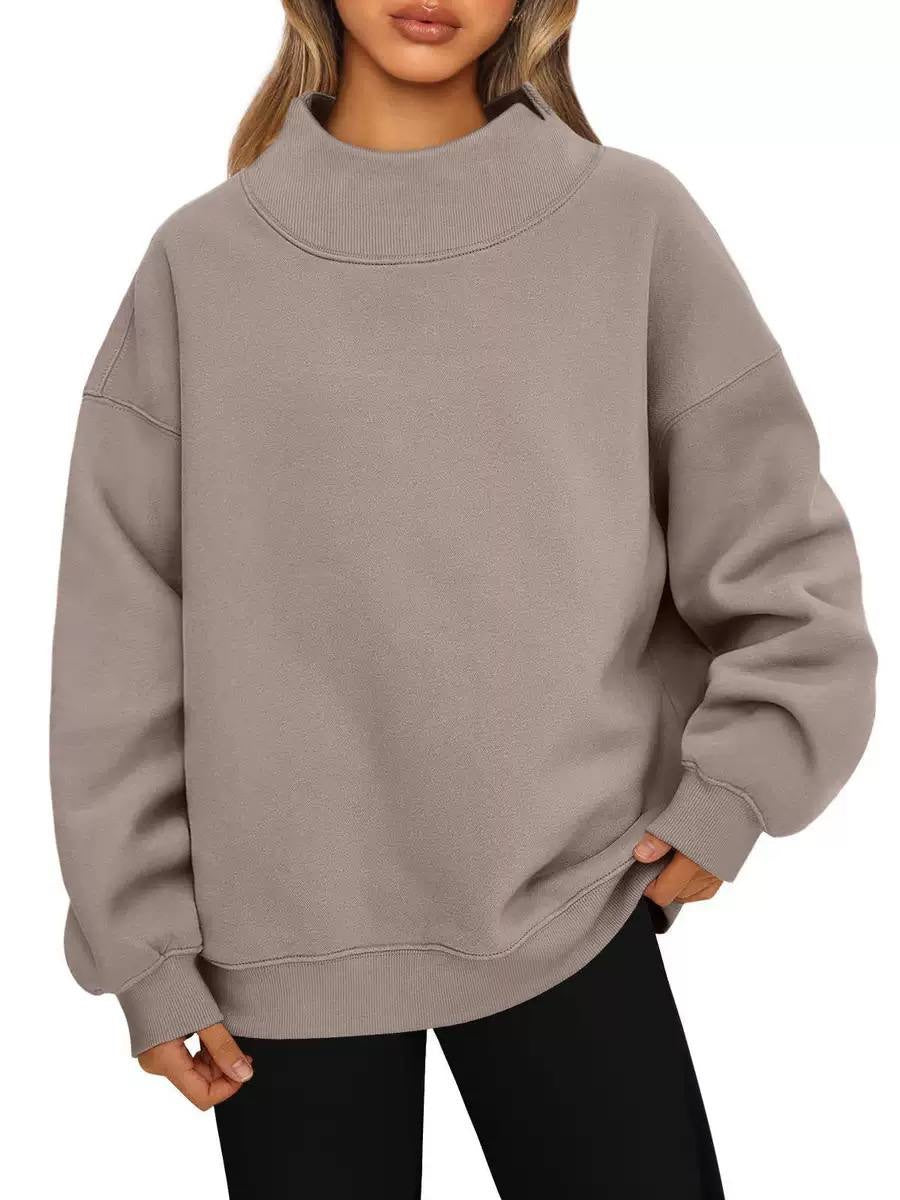 Relaxed High Neck Sweatshirt With Dropped Shoulders – Taupe