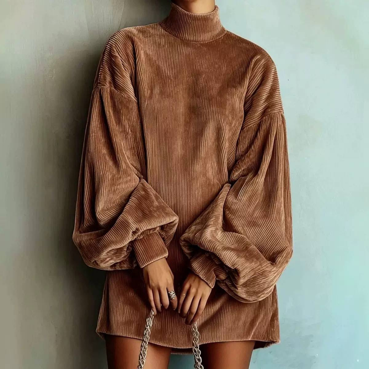 Ribbed High Neck Mini Dress With Balloon Sleeves – Brown