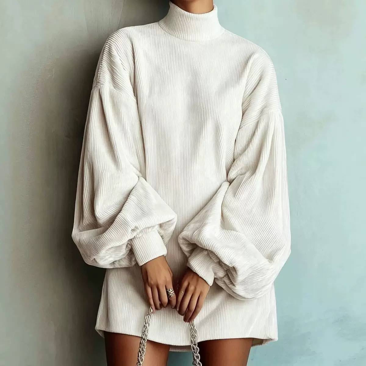 Ribbed High Neck Mini Dress With Balloon Sleeves – White