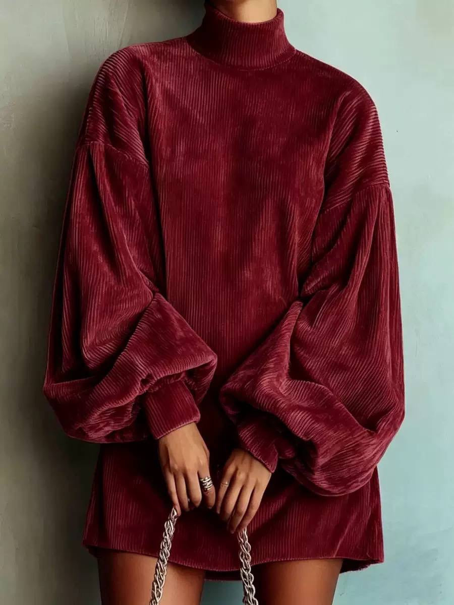 Ribbed High Neck Mini Dress With Balloon Sleeves – Burgundy