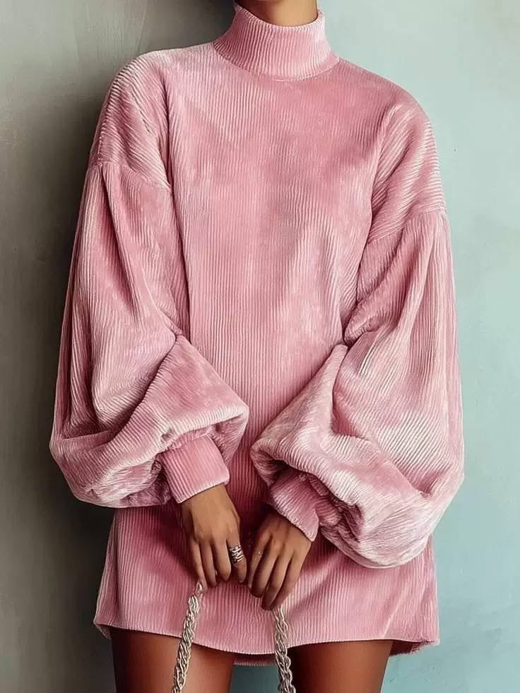 Ribbed High Neck Mini Dress With Balloon Sleeves – Pink