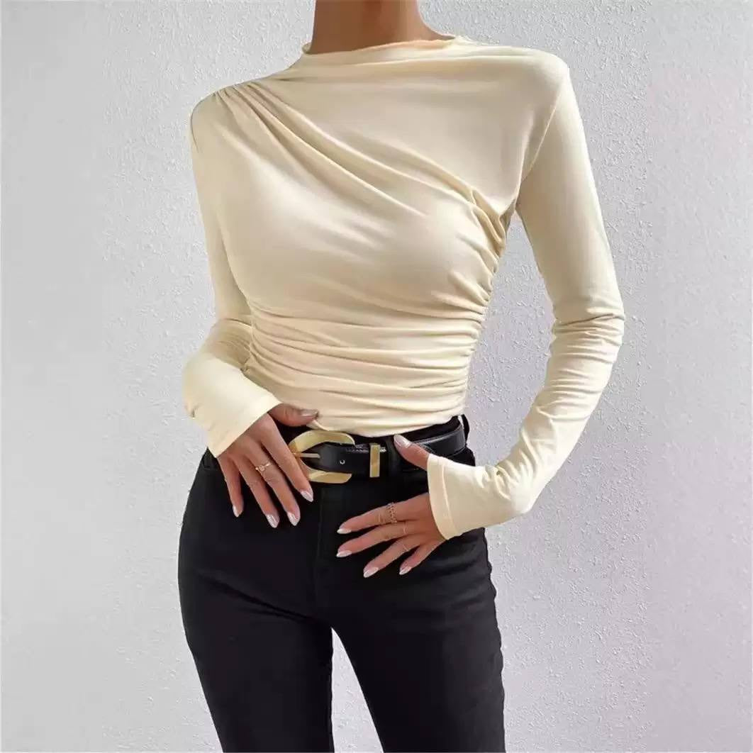 Draped High Neck Long Sleeve Ruched Top – Cream