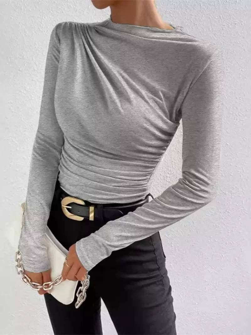 Draped High Neck Long Sleeve Ruched Top – Grey