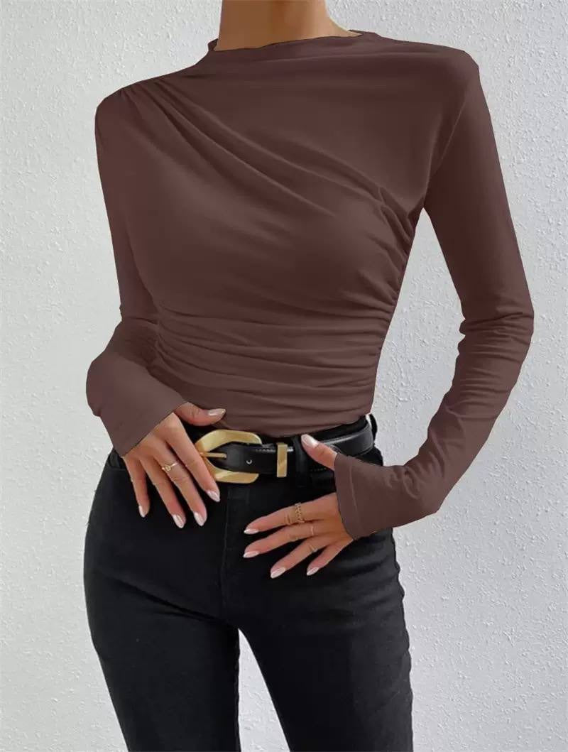 Draped High Neck Long Sleeve Ruched Top – Brown