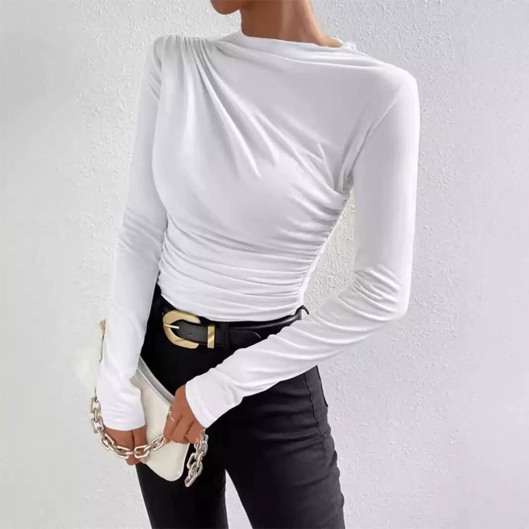 Draped High Neck Long Sleeve Ruched Top – White