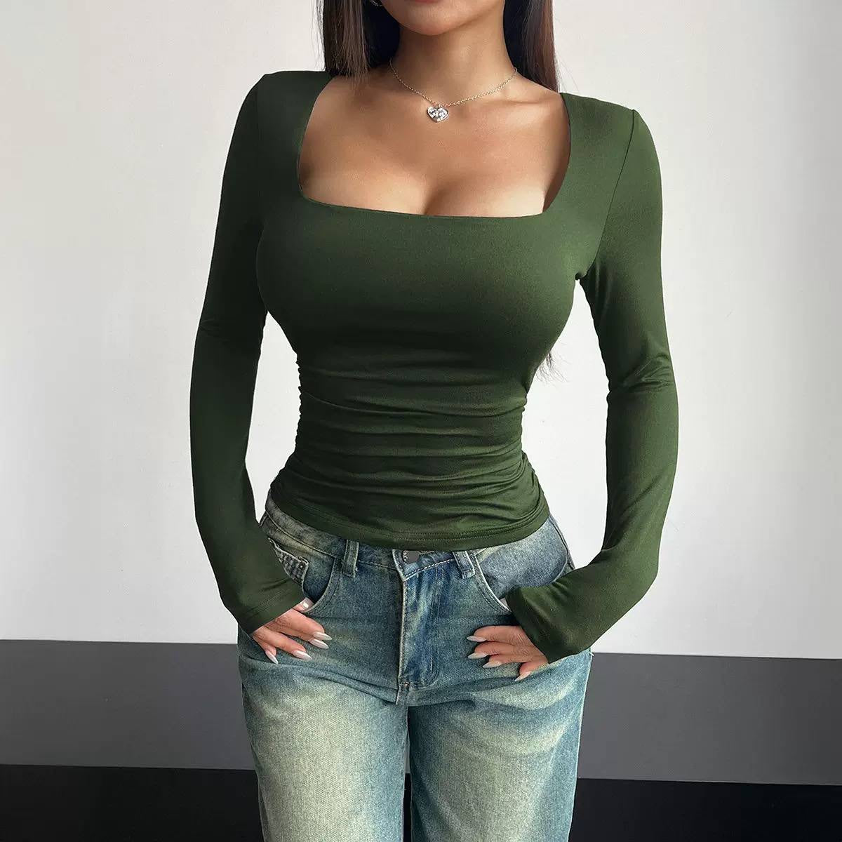 Square Neck Fitted Top With Long Sleeves – Olive Green