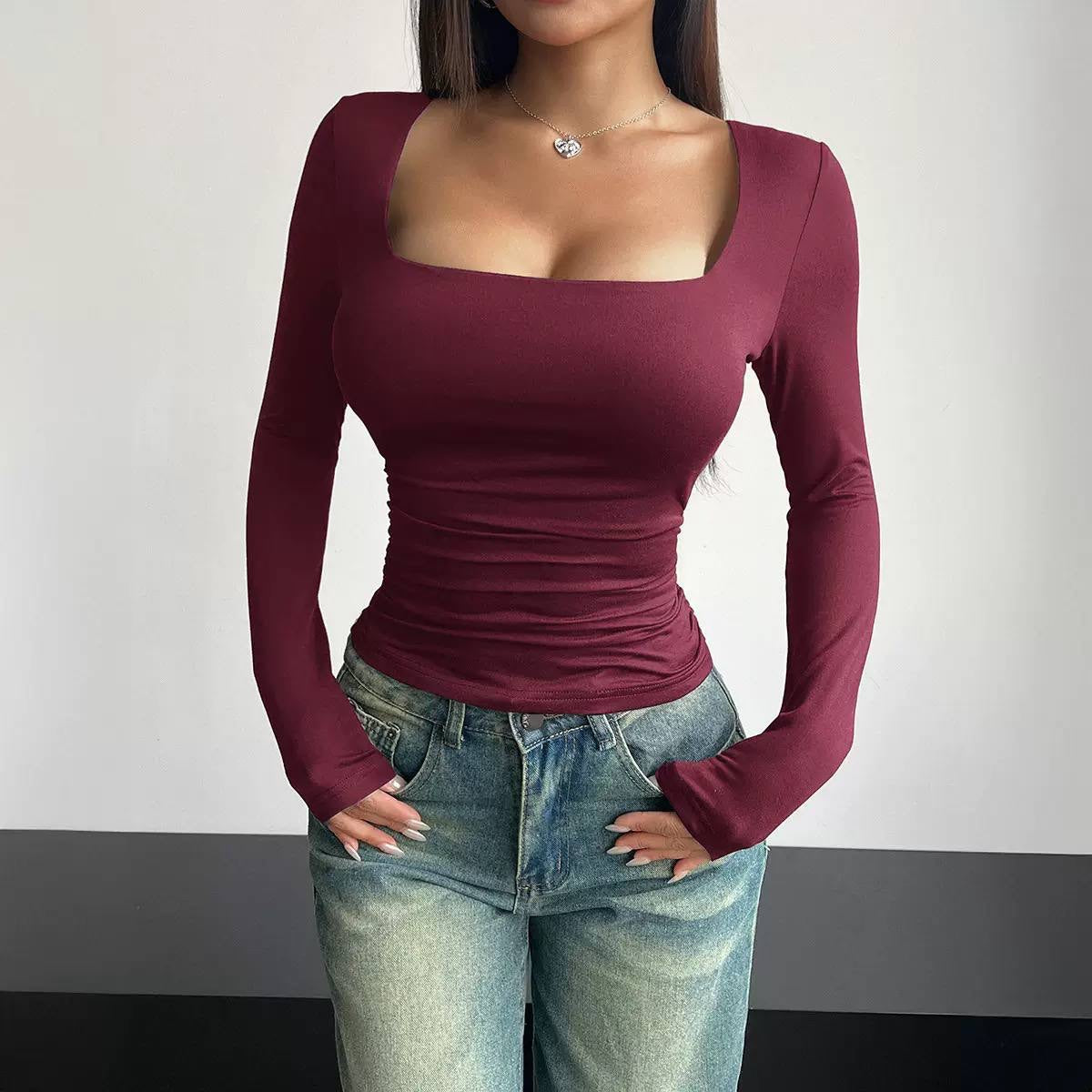 Square Neck Fitted Top With Long Sleeves – Burgundy