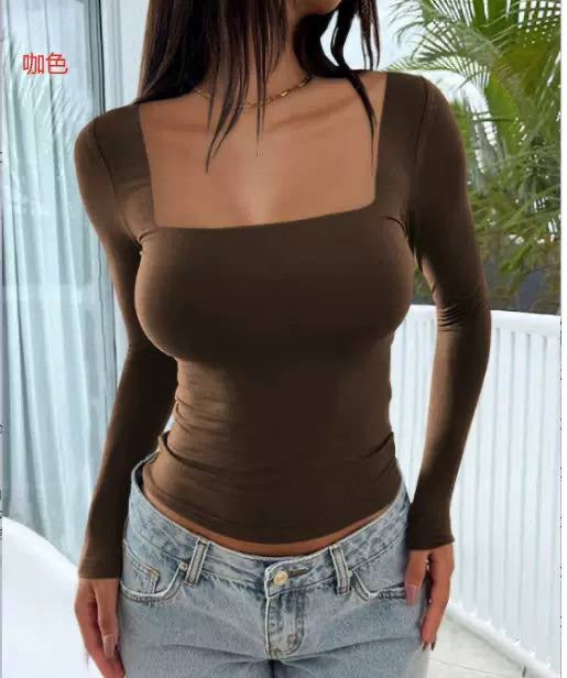 Square Neck Fitted Top With Long Sleeves – Brown