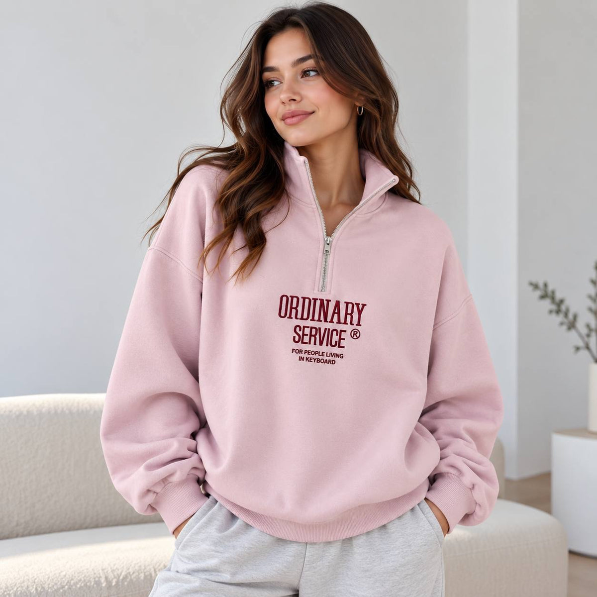 Relaxed Quarter-Zip Graphic Sweatshirt With Drop Shoulders – Pink