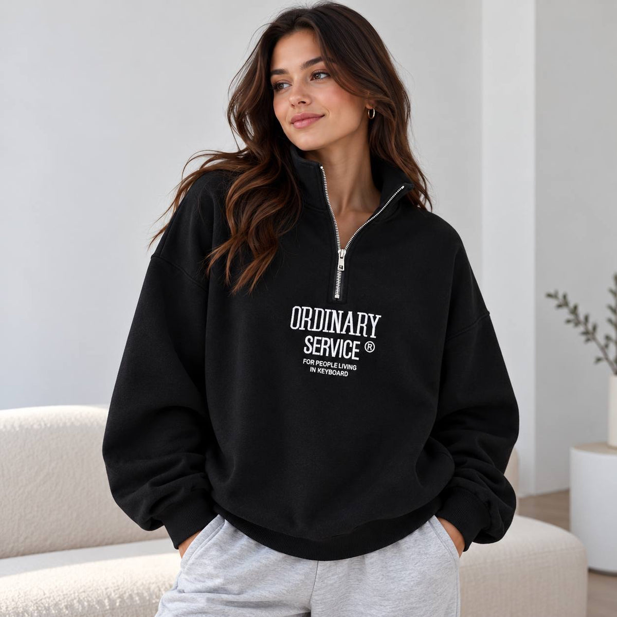 Relaxed Quarter-Zip Graphic Sweatshirt With Drop Shoulders – Black
