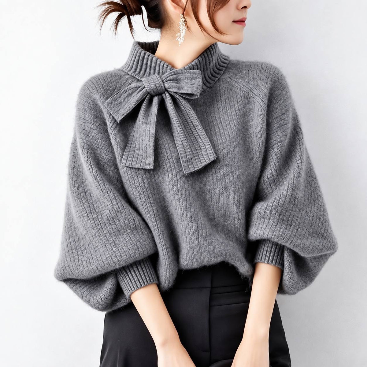 Bow Neck Relaxed Sweater With Balloon Sleeves – Grey