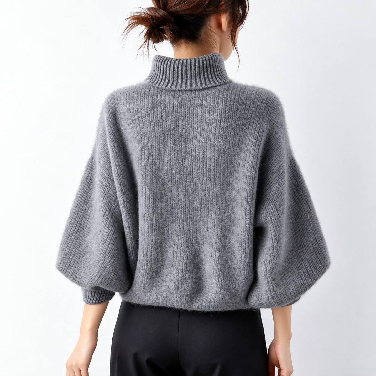 Bow Neck Relaxed Sweater With Balloon Sleeves – Grey