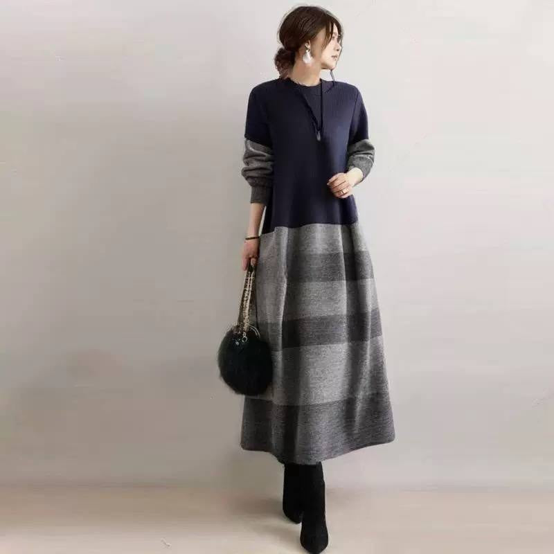 Color Block Long Sleeve A-Line Sweater Dress – Navy And Grey
