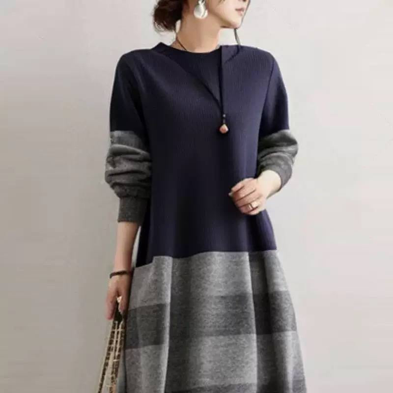 Color Block Long Sleeve A-Line Sweater Dress – Navy And Grey
