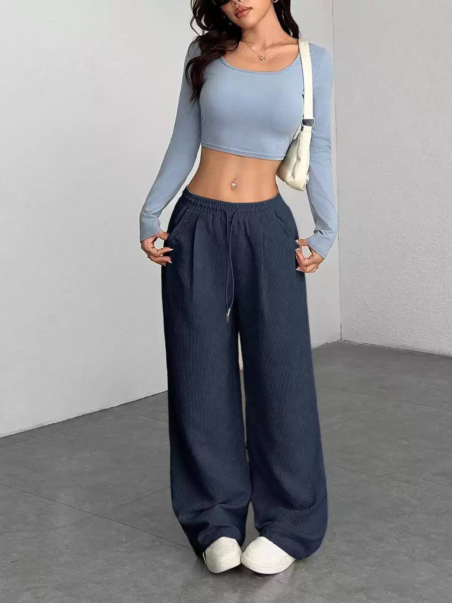 Ribbed Wide-Leg Drawstring Pants With Side Pockets – Navy
