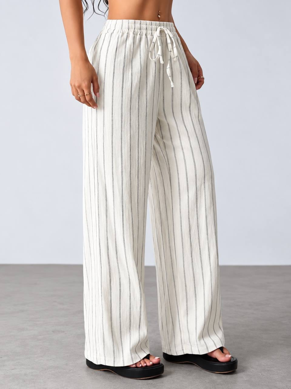 Striped Wide-Leg Pants With Elastic Drawstring Waist – White Striped