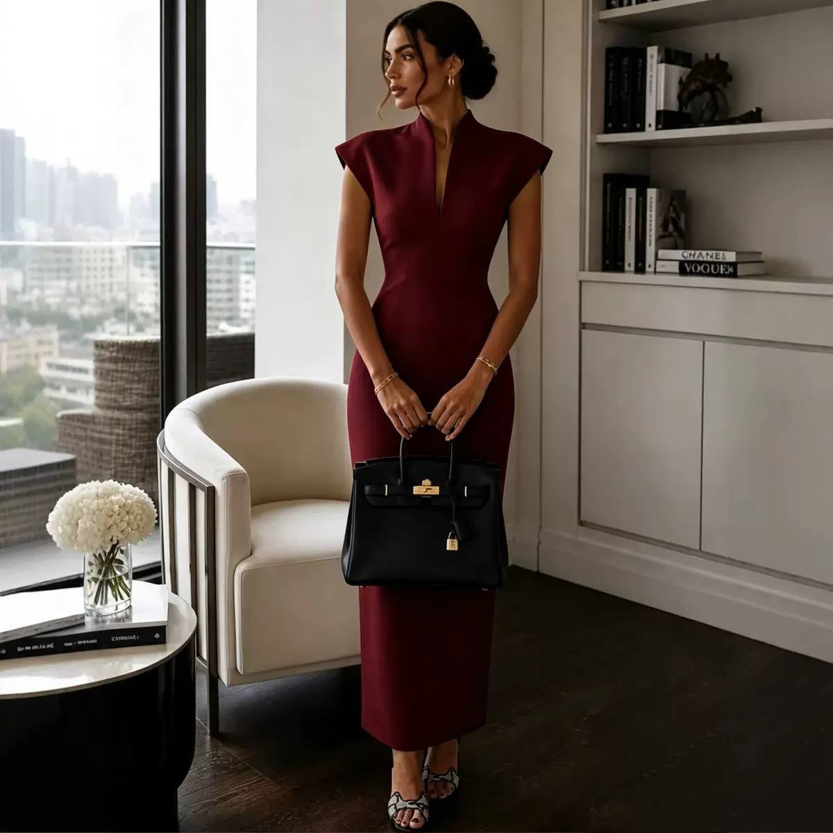 Structured Cap Sleeve Maxi Dress With Split Neckline – Burgundy