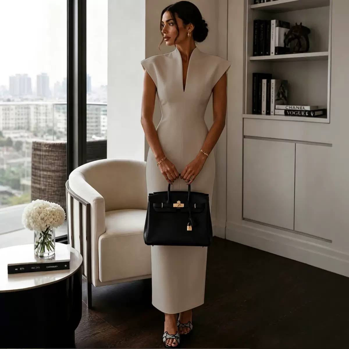 Structured Cap Sleeve Maxi Dress With Split Neckline – Beige