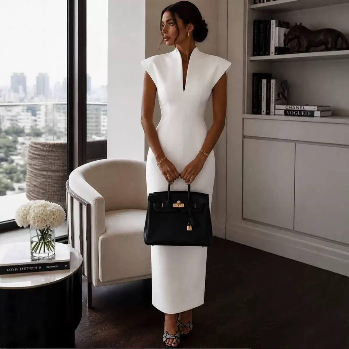 Structured Cap Sleeve Maxi Dress With Split Neckline – White