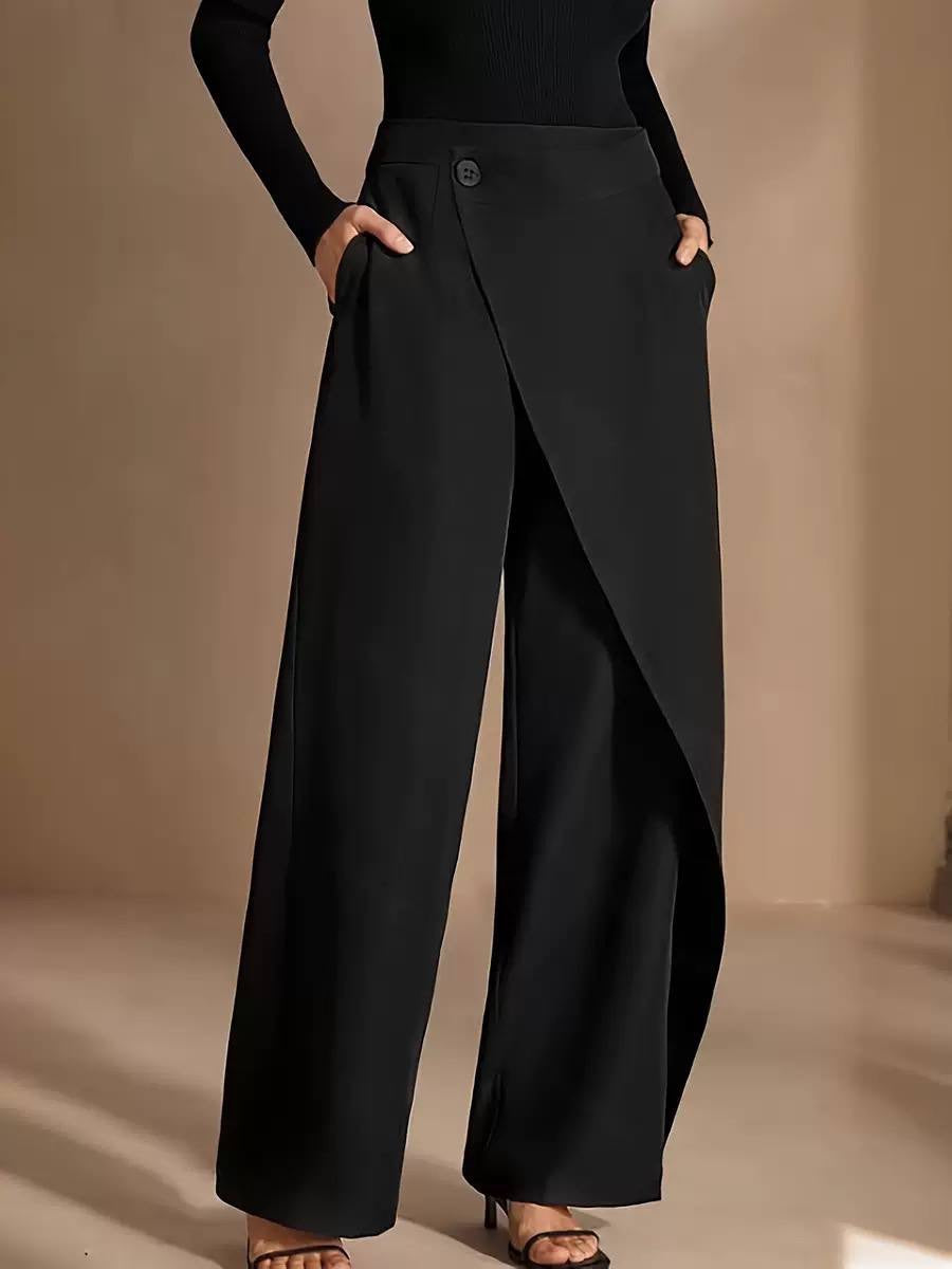 High-Waisted Wide-Leg Pants With Asymmetric Front Overlay – Black